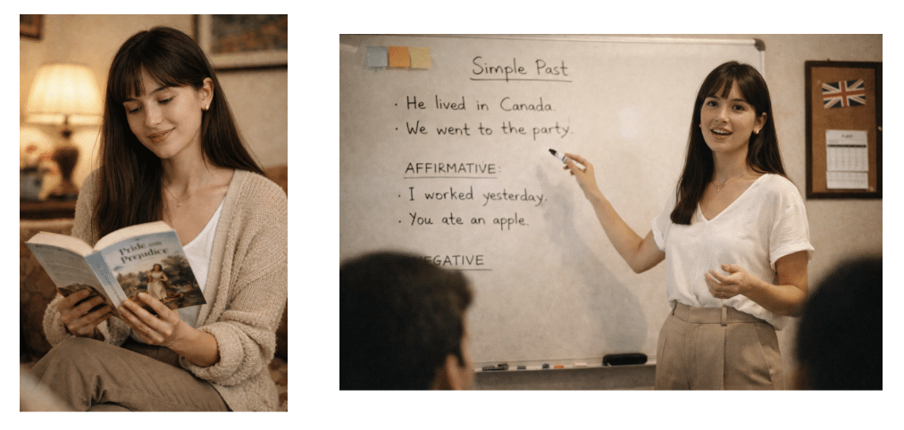 uma mulher lendo e uma em sala de aula ensinando